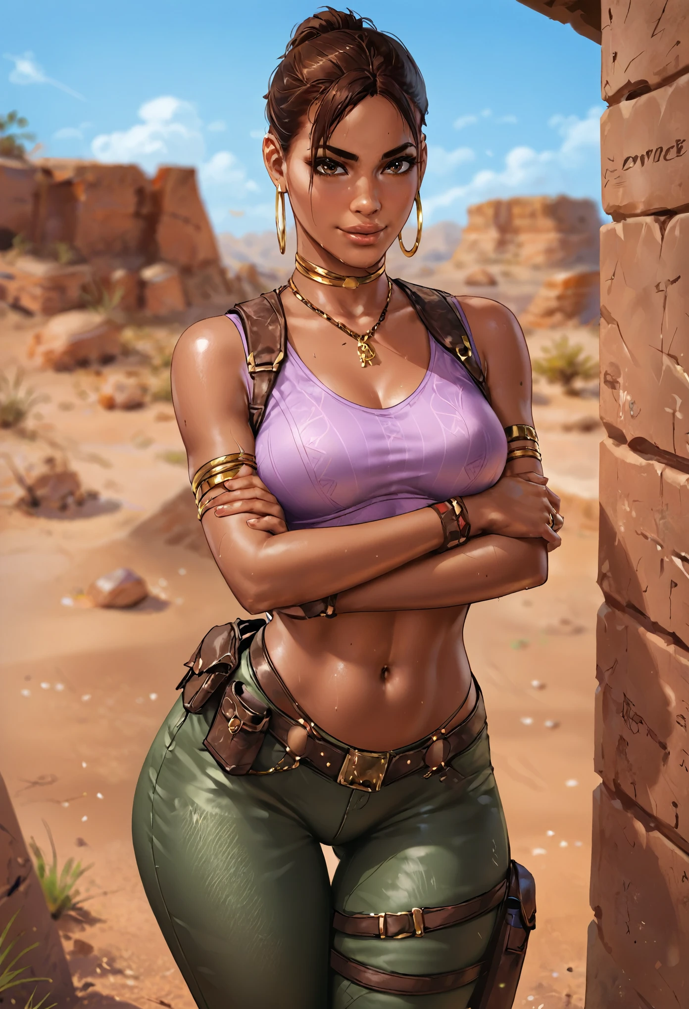 score_9, score_8_up, score_7_up,score_6_up, score_5_up, score_4_up , solo, rating questionable, Sheva, lavender tank top, tight dark green pants, desert, pony tail hair, bangs, dark brown skin, medium breasts, full lips, brown eyes, hoop earrings, gold ring choker, wide hips, holster harness, thigh pouch, fit, arms crossed, hip cocked, smug,zPDXL2, easy negative, wide hips, thick thighs, small head, leaning against rock,