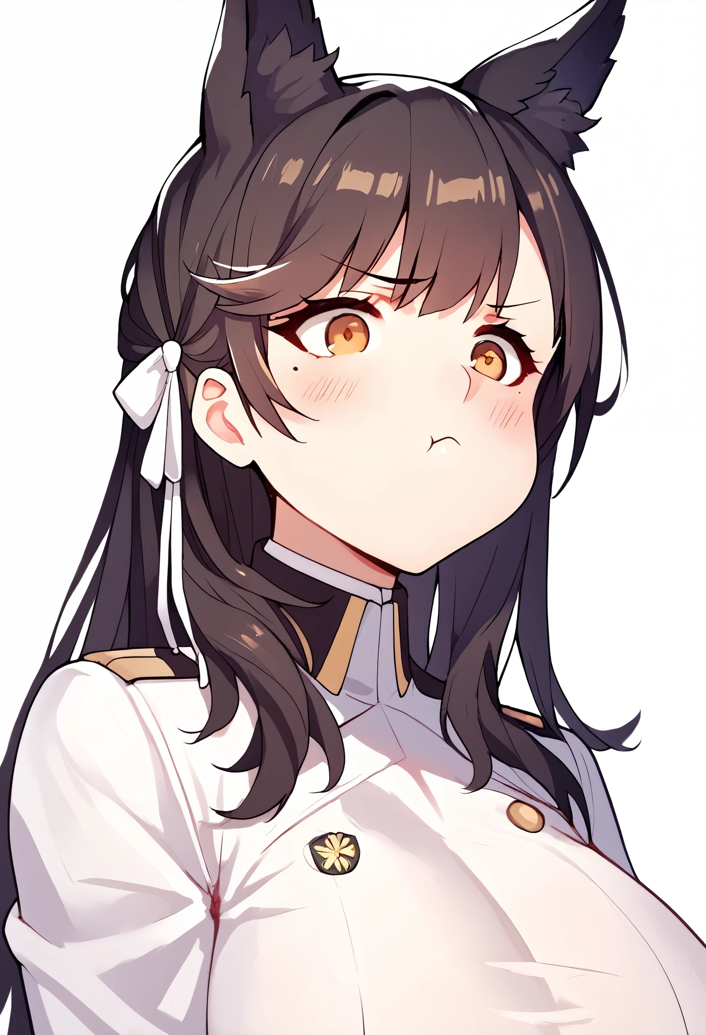 score_9_up, score_8_up, score_7_up, 1girl, solo, source_anime, blush, pout, closed mouth, upper body, atago_\(azur_lane\), brown eyes,mole_under_eye, white uniform, animal ears, white background, simple background, standing, huge breasts 