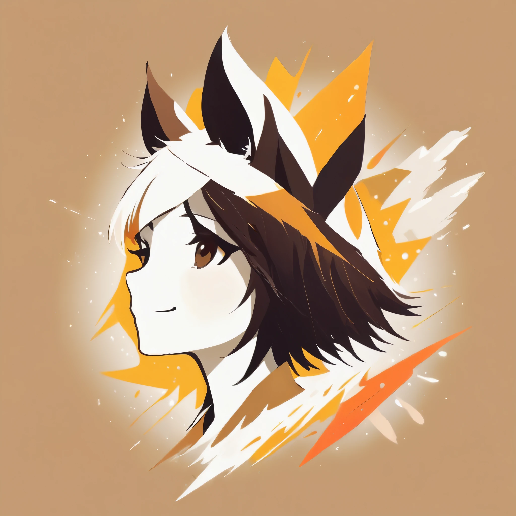 PORTRAIT OF A GIRL,1GIRL, illustration-style,modern, striking composition,sleek lines, unique pattern,abstract elements,geometric shapes,GEOMETRIC LOGO, , , expressive strokes , ,ANIMAL EARS, ANIMAL NOISE,CAPYBARA EARS, ANIMAL NOISE,ANIMAL headwear,SMILE, HALF CLOSE EYES, BROWN AND WHITE ANIMAL EARS,BROWN HAIR,((SILHOUETTE:2)),SIDE VIEW,FANTASY,(EPIC), SPARKS,VIBRANT,