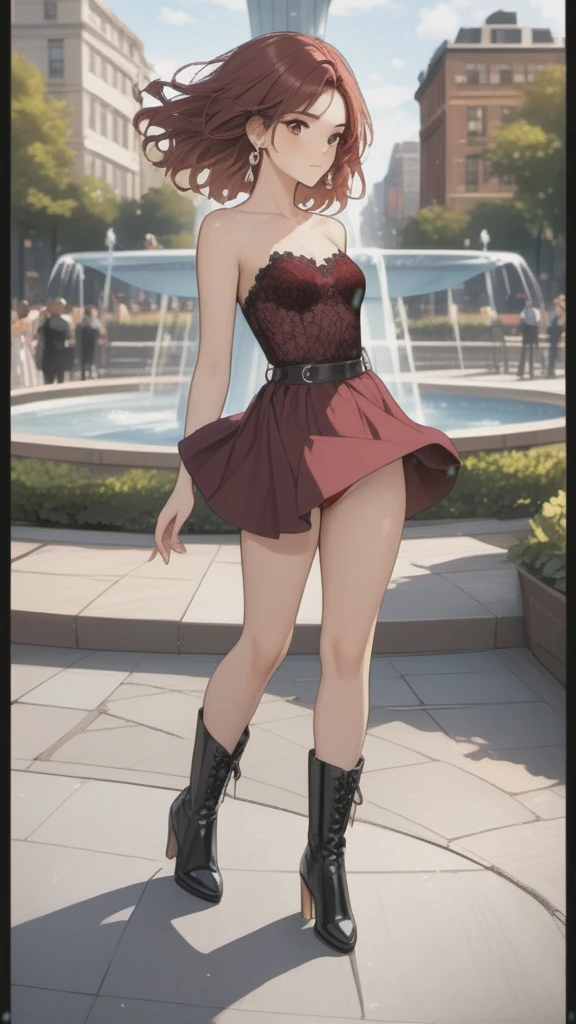 (((Adult woman)): (thigh white lace miniskirt, strapless purple lace top, brown eyes, brown skin, dark skin, showing the whole body, ((red velvet hair, short wavy hair)), ((High heel boots ). Closed mouth )); full body shot, cute smile ((dancing in front of fountain park)), city background. High quality. 4k, 8k, many details. Masterpiece, accurate, anatomically correct, posing, detailed background, better quality, original work Focus on details, people's watching around, Front view, earrings,  wind blowing, red lace mini panties, opening legs, little freckles 