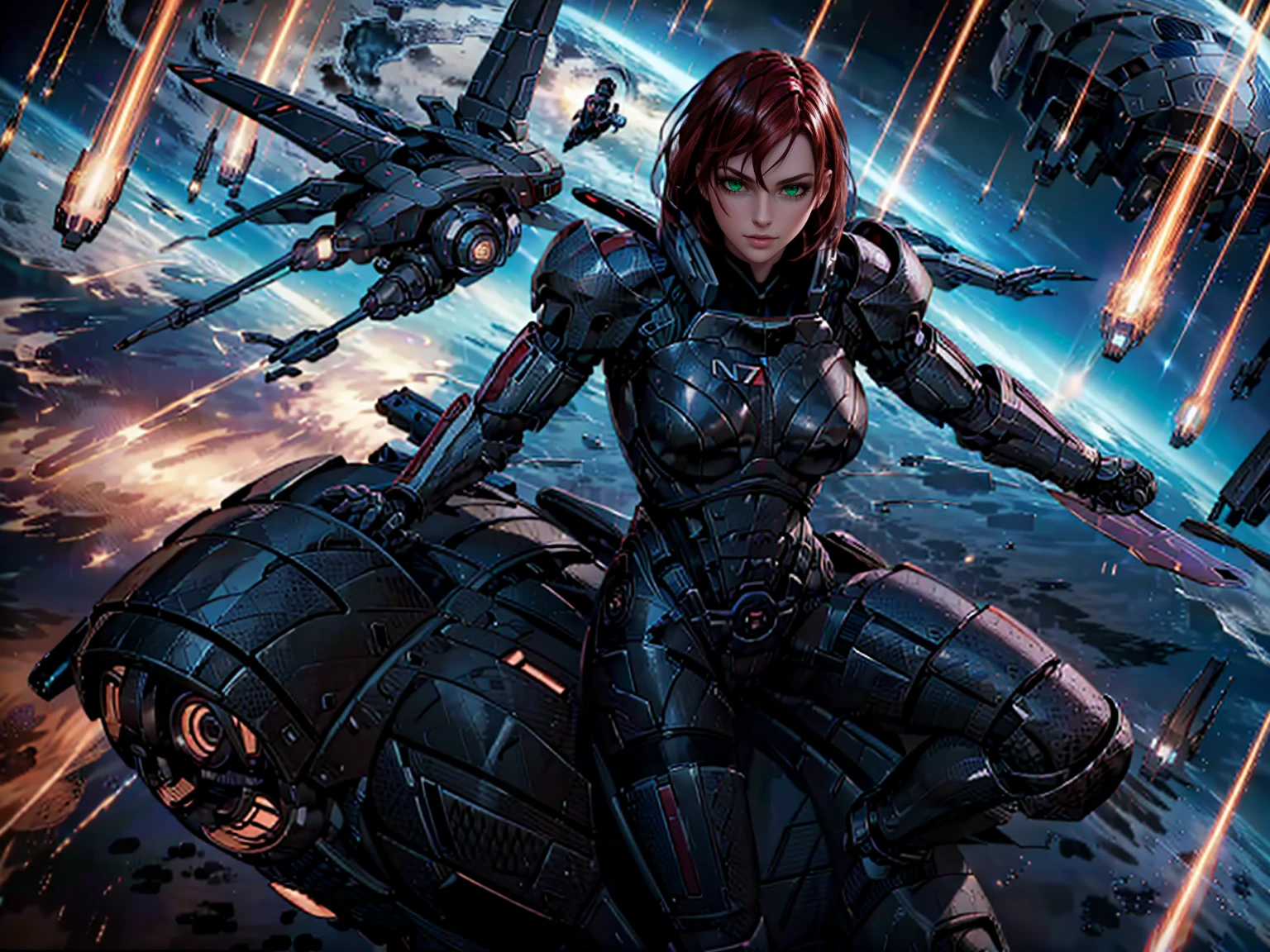 Solo, a woman with crimson red hair, wearing damaged N7 armor, punching a Reaper dreadnought ship in space, hand-to-hand combat against a spaceship, MEFShepard, omniblade, hyper detailed, 8k, photorealistic, intricate details, cinematic lighting, dramatic atmosphere, dynamic action pose, powerful expression, volumetric lighting, cinematic camera angle, vibrant colors, seamless integration, flawless rendering