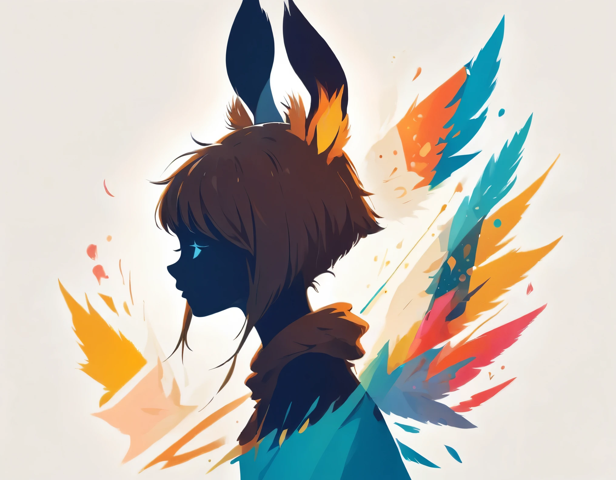 PORTRAIT OF A GIRL,1GIRL, illustration-style,modern, striking composition,sleek lines, unique pattern,abstract elements,geometric shapes,GEOMETRIC LOGO, , , expressive strokes , ,ANIMAL EARS, ANIMAL NOISE,CAPYBARA EARS, ANIMAL NOISE,ANIMAL headwear,SMILE, HALF CLOSE EYES, BROWN AND WHITE ANIMAL EARS,BROWN HAIR,((SILHOUETTE:2)),SIDE VIEW,FANTASY,(EPIC), SPARKS,VIBRANT, 