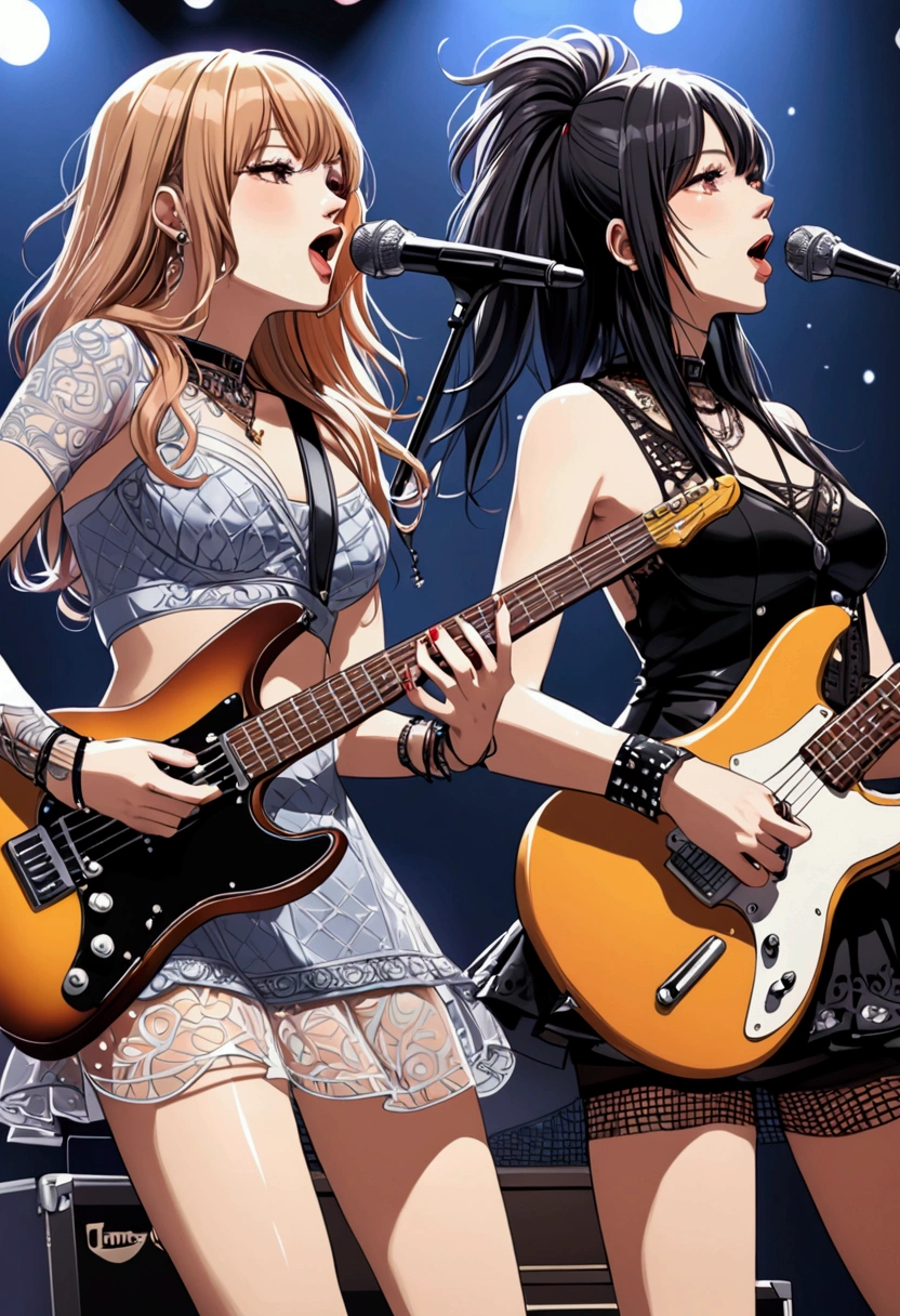 Ray (Daisy Ridley) and Queen Amidala (Natalie Portman age 25) are on a Naboo themed stage, they have neon lit electric guitars, power ballad, rock opera
