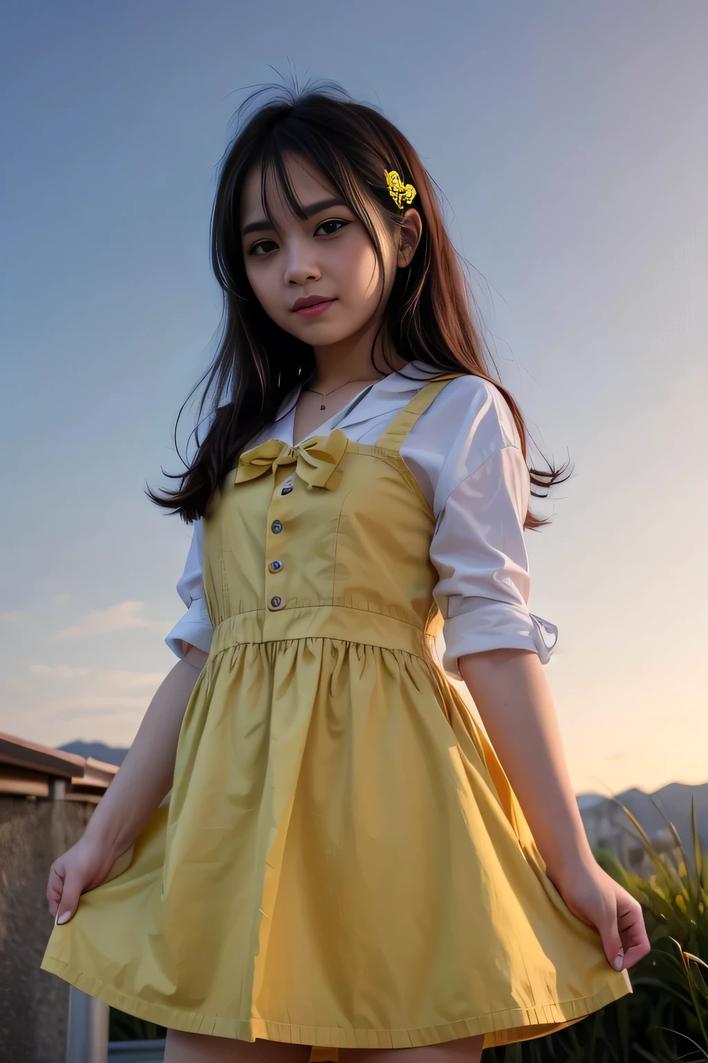 A cute girl standing on a balcony wearing a yellow school dress with a book in her arms, cute, evening sun shining on her, lookalike, look alike, realistic
