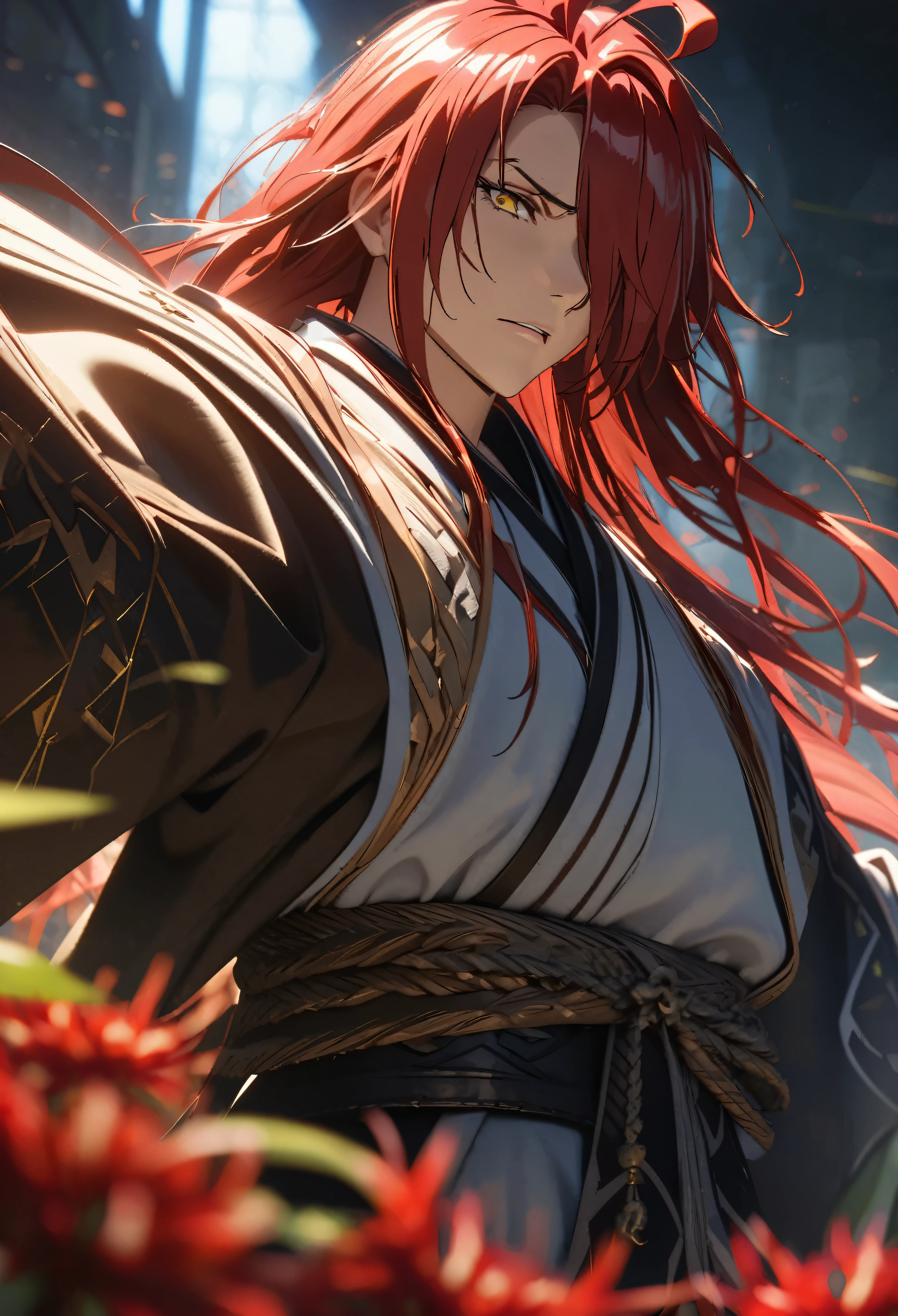 ((solo)), (man), tired face, yellow eyes, red eyeliner, red hair, long hair, straight hair, messy hair, (mature), (adult), a close up of a person with a great sword, in a field of red spider lilies, detailed key anime art, casimir art, masamune shiro, masamune, handsome guy in demon slayer art, heise jinyao, shadowverse style, (no logos), stylistic kimono clothing, expressive hair, hair over one eye, shiny hair, ahoge, bangs, depth of field, cinematic lighting, ray tracing, depth of field, cinematic lighting, ray tracing, UHD, high details, best quality, highres, high quality, award winning, super detail, masterpiece, 8k, UHD, high details, best quality, highres, high quality, award winning, super detail, masterpiece, 8k