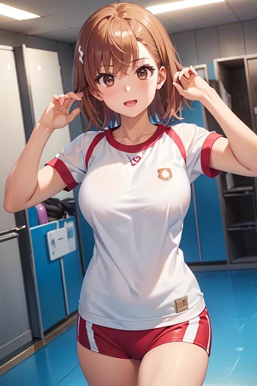 misaka mikoto、Shiny Hair, Short Hair, (Beautiful brown eyes、Sparkling eyes, Fine grain、The perfect highlight)、smile、Ultra-detailed eyes、Highly detailed face, Highly detailed eyes,Cowboy Shot、




(Curved back, buruma, She turned around.), (White gym clothes short sleeve, Red Buruma), There are some beautiful older women, brm, High quality facial beauty, Make a surprised expression, Locker Room, Glowing Skin, Fine skin