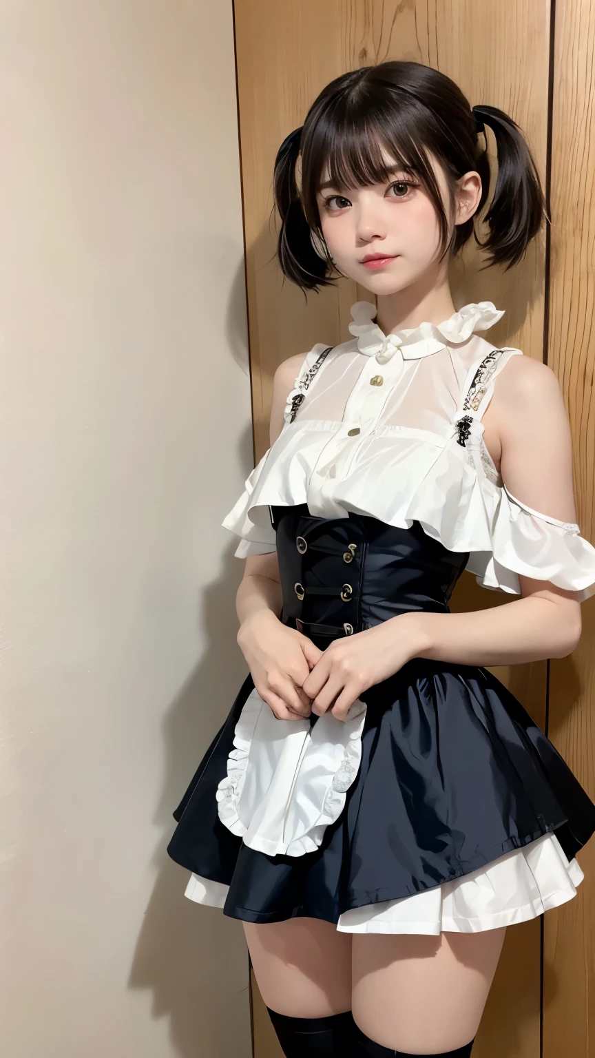 Best Quality、masterpiece、Very detailed、Perfect Anatomy, One Girl、Cute face、Silky Short Blonde、(((Short hair in twin tails、Short Bob Twin Tail)))、Grey Eyes、From the knee up、Gothic Fashion、Very detailed目、Small red cheeks and nose、Cute face、