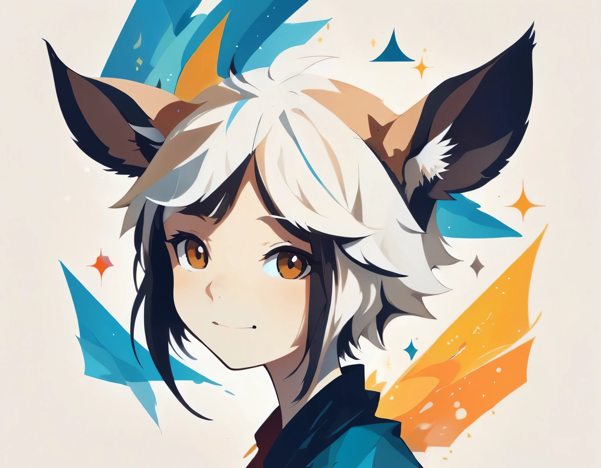 PORTRAIT OF A GIRL,1GIRL, illustration-style,modern, striking composition,sleek lines, unique pattern,abstract elements,geometric shapes,GEOMETRIC LOGO, , , expressive strokes , ,ANIMAL EARS, ANIMAL NOISE,CAPYBARA EARS, ANIMAL NOISE,ANIMAL headwear,SMILE, HALF CLOSE EYES, BROWN AND WHITE ANIMAL EARS,BROWN HAIR,((SILHOUETTE:2)),SIDE VIEW,FANTASY,(EPIC), SPARKS,VIBRANT, KEMONOMIMI,