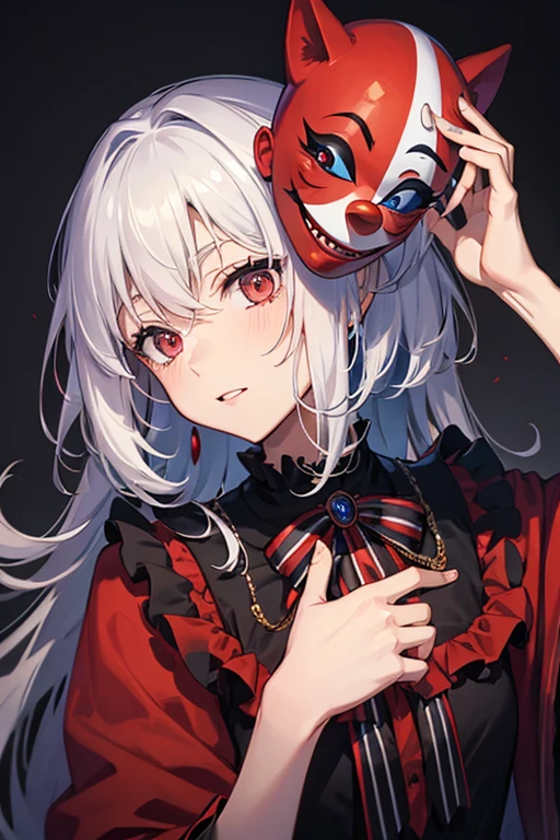 yandere girl,  evil smile, portrait, hyper detailed intricate, blood, joker, twin drills curly,  detailed background, serious, mask