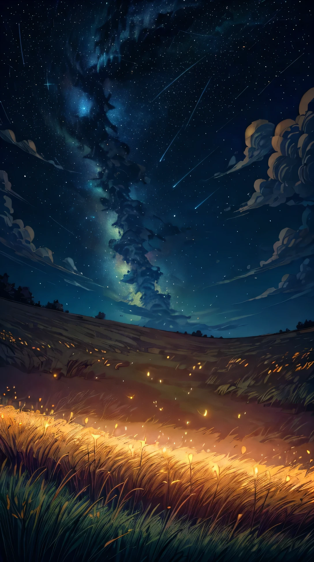 A grassy field lit by thousands of glowing fireflies under a clear, starry night sky.