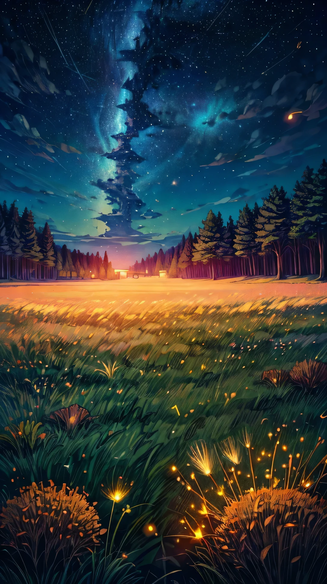 A grassy field lit by thousands of glowing fireflies under a clear, starry night sky.