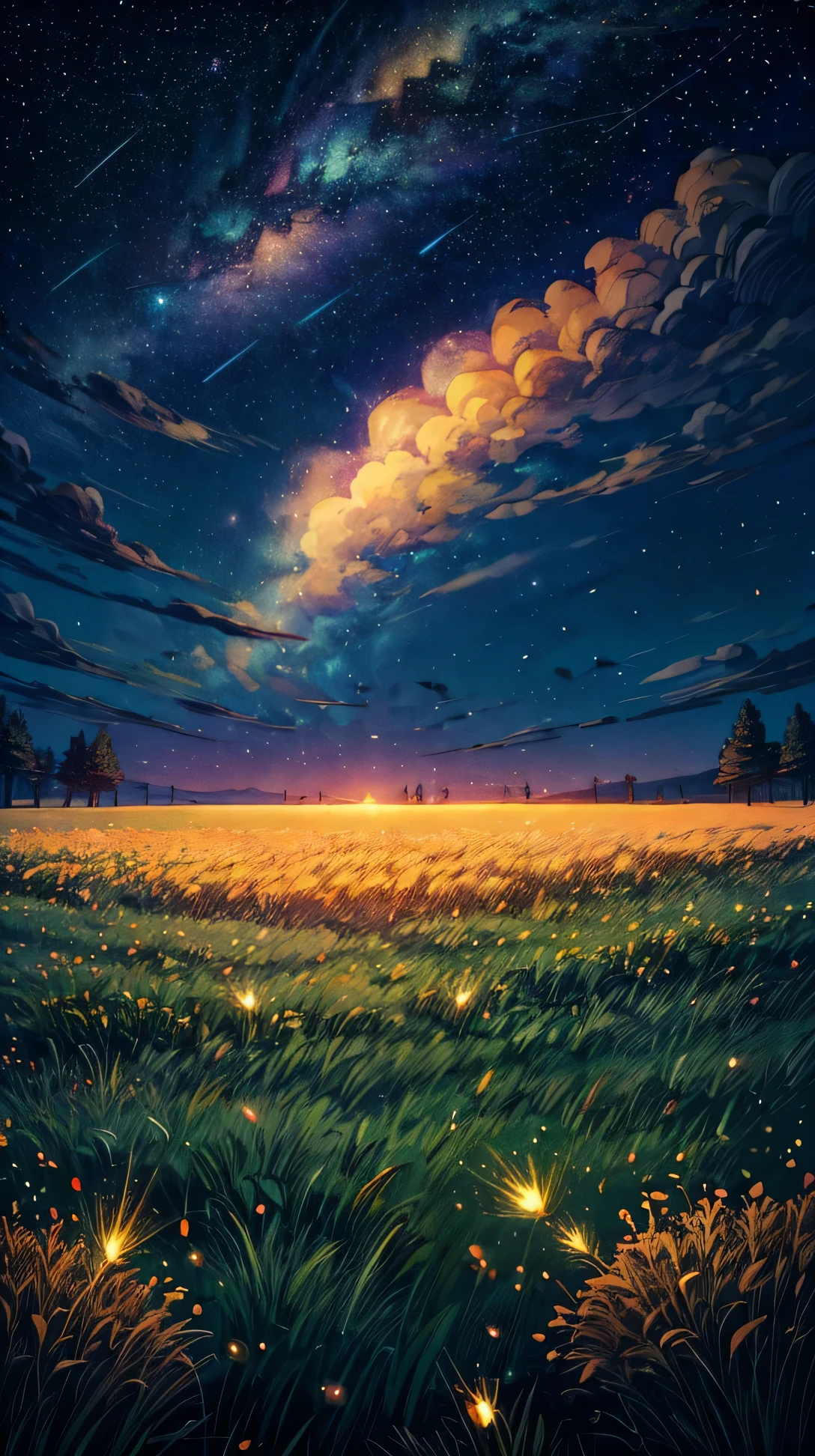 A grassy field lit by thousands of glowing fireflies under a clear, starry night sky.