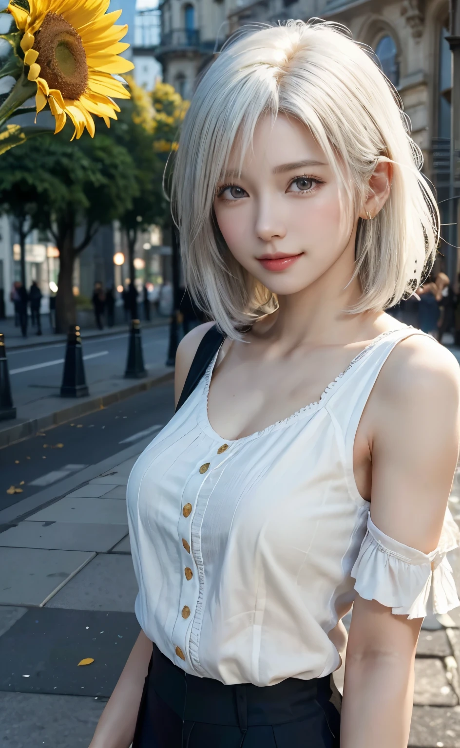 (Woman walking the streets of New York)、Slightly distant angle of view、(Digital art like a movie:1.3)、High resolution、、最High resolution、Very detailed、shape、[4K Digital Art]、(Sharp focus:1.5)、 Regional Depth、bokeh、4K、High resolution、Very detailed、Very detailed、very detailedCG Unity 8K wallpaper、Genuine、RAW Photos、Beautifully detailed face、Fair skin、 Genuine glowing skin、 Detailed cloth texture, Detailed hair texture, Perfect body, Beautiful Face, Acura, Anatomically correct, Very detailed face, eye, Skin Texture, Natural neck length, (Beautiful eyes, Beautiful Hands), (Glowing Skin: 1.2)、Thin legs、Long legs、Nice face、Detailed Background、8k、Portraiture、Photorealistic and very detailed CG、Very detailed、Particle Effects、Dynamic Effects、Regional Depth、Cinematic Light、Lens flare、Ray Tracing、Tabletop、Genuine:1。4、High resolution:1.2、Genuine、Genuine)((one person、Model-like pose:、Side bust、Detailed face、bright expression、young、bright、White skin、Amazing looks、Ultimate beauty、White hair with shiny highlights:1.8、Bright hair、Silky Straight、Hair swaying in the wind))、Golden white hair、Shortcuts、Bob Hair Dramatic Fixes、Fixes、Pink Lips、eye make up、mascara、eyeliner、eye shadow、((Wet off-the-shoulder white tank top One shoulder)),((Tight black mini skirt))、Captivating smiling woman))、Facial details、High resolution、High resolution、（Nipples)、(The underboob is visible),