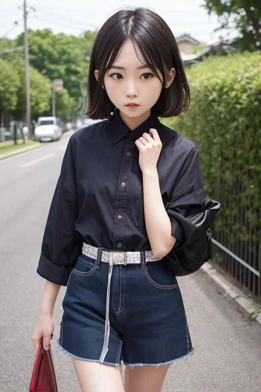 One Woman, alone, alone Focus, (Anxious expression)、Cowboy Shot, Portraiture,Beaver,((Black Hair)), Short Bob、 Very beautiful eyes,, (Small TI quality, Very detailed,