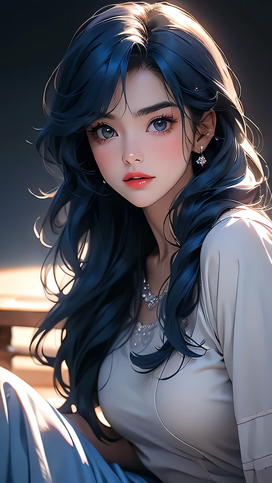 (masterpiece, highres, 4k, 8k), (beautiful detailed eyes, detailed face, detailed lips, long eyelashes) beautiful young woman with long blue hair, big breasts, beautiful yellow eyes, wearing a long yellow sundress, natural lighting, photorealistic, cinematic composition, warm color tones, soft focus, depth of field