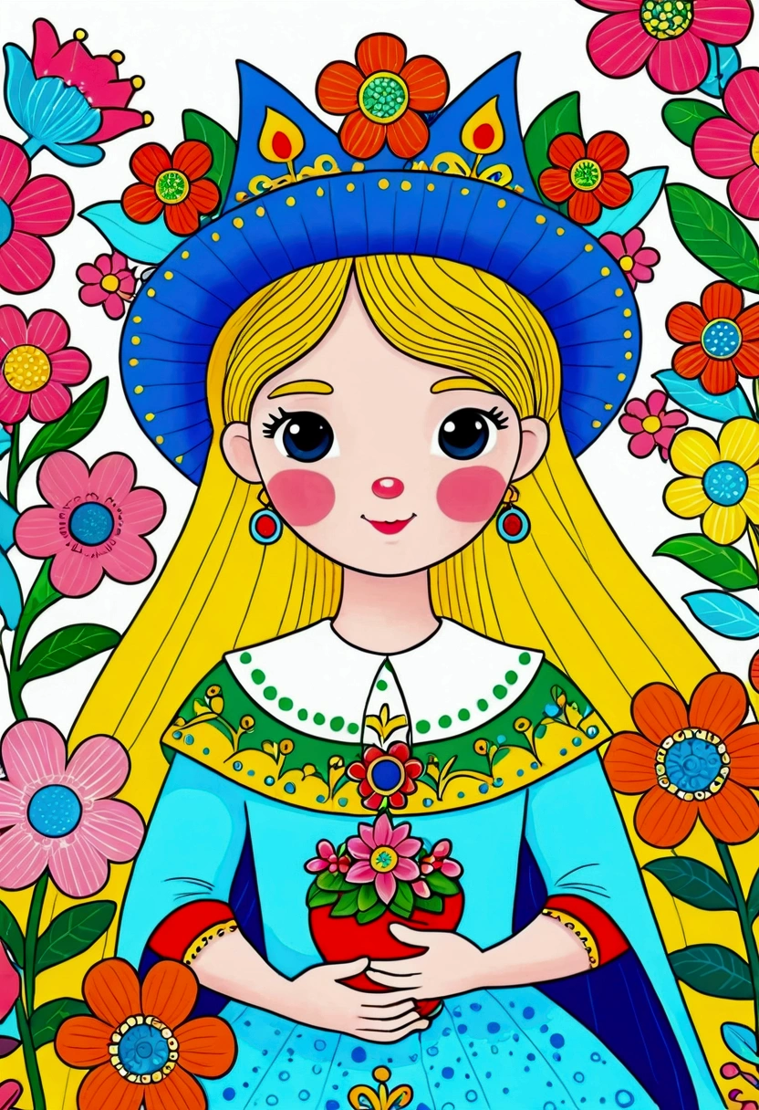 cartoon girl wearing a pointed hat, Colorfull illustration, Color illustrations, Colorful book illustration, Full color illustrations, coronation of Flower Prince, Coloring Pages, Drawn in a whimsical style, Color illustrations, Coloring Pages, Flower Prince, Coloring book pages, Official illustrations, Full Color Illustration, illustration, Full-color digital illustrations, Cute fairy tale illustration