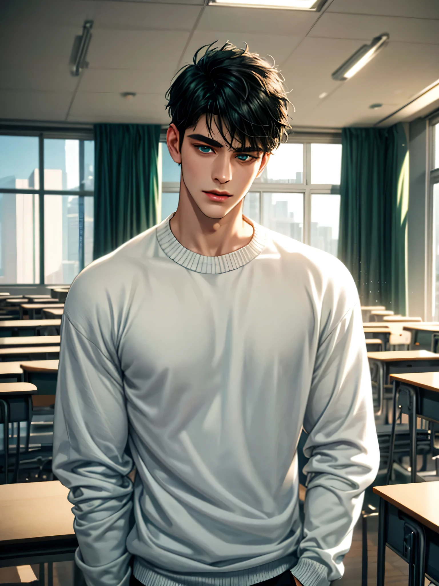 handsome young man, black hair short hair, blue eyes, ombros largos, masterpiece, Absurd, Beautiful and detailed face, looking down, with a dark green long sleeve white sweater, in a classroom