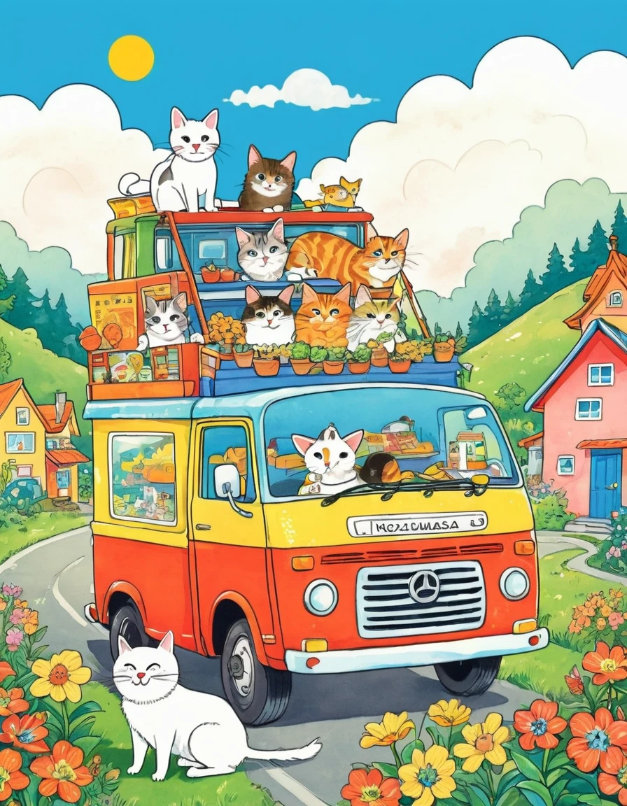 There is a cartoon truck，There is a dog and a cat on it, Storybook illustrations by Nobumasa Yanagawa, tumblr, Simple Art, Colorfull illustration, Color illustrations, Editorial illustration colorful, Drawn in a whimsical style, Kasuga, very very Happy, Colorful book illustration, bright Happy atmosphere, Hand drawn cartoon art style, Happy, very Happy, Cute illustrations