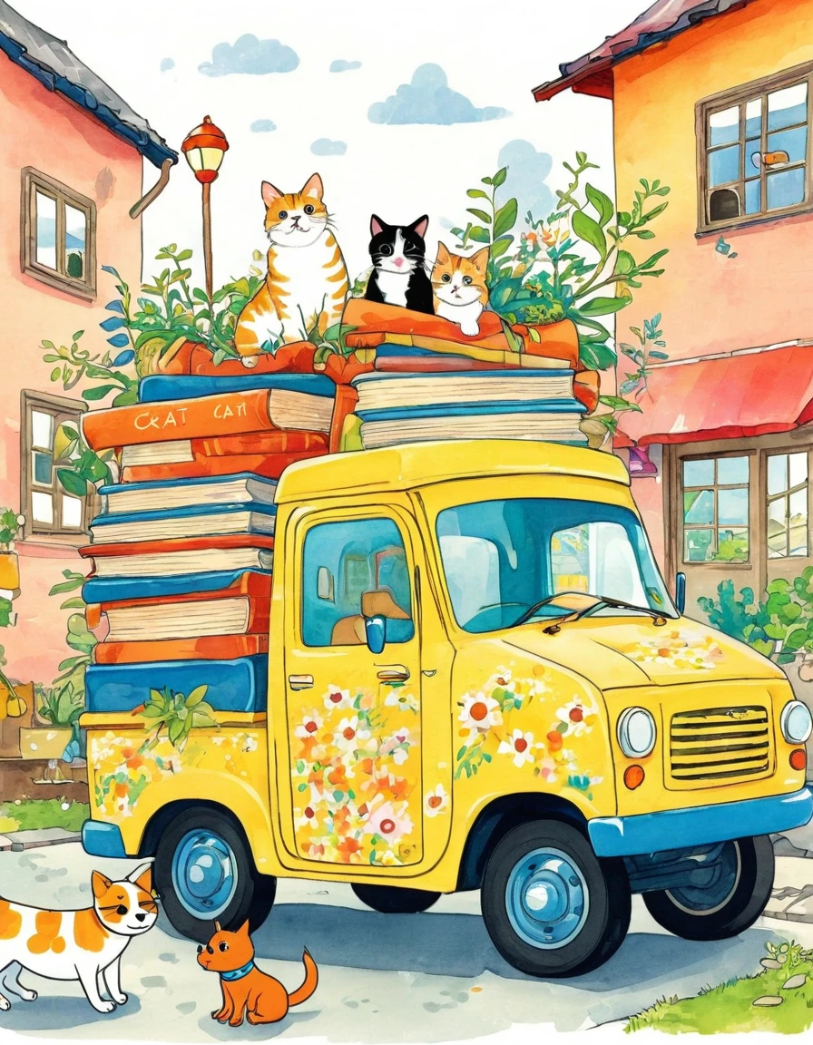 There is a cartoon truck，There is a dog and a cat on it, Storybook illustrations by Nobumasa Yanagawa, tumblr, Simple Art, Colorfull illustration, Color illustrations, Editorial illustration colorful, Drawn in a whimsical style, Kasuga, very very Happy, Colorful book illustration, bright Happy atmosphere, Hand drawn cartoon art style, Happy, very Happy, Cute illustrations