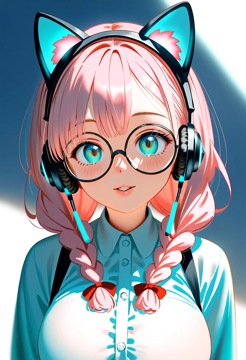 (newscaster:1.8), (best quality:1.2), (ultra-detailed:1.2), (2.5d:1.2), (Anime Moe Art Style), 1girl , pink hair,  Cyan eyes, gradient eyes, twin braids, Glowing cat ear headphones, black round glasses ,large breasts,