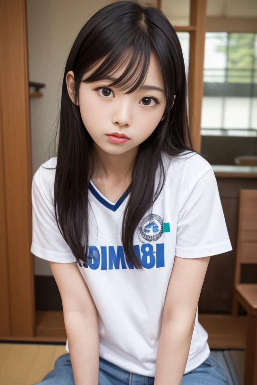A 16-17 year old Japanese girl with a T-shirt (sin mangas) negra ajustada tiene tetas grades pelo corto cafe esta mirando dulcemente hacia delante  se le ve una oreja  tiene los brasos para atras  esta sentada en una silla en una habitacion de hotel