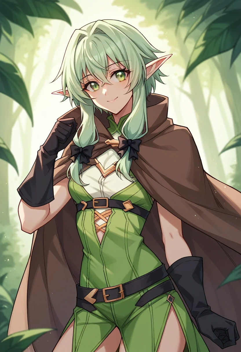 One person, high elf archer \(goblin slayer!\), goblin slayer!,  elf, green hair, green eye, black ribbon, brown cloak, black gloves, smile、A masterpiece break in a fantastic forest、Beautiful attention to detail:1.2, Perfect lighting, (perfect hand, perfect anatomy), Precise depiction、Vibrant colors