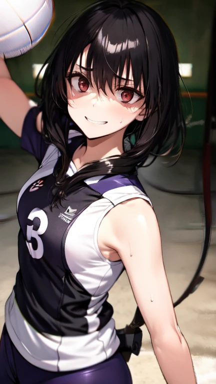 A tall athletic high school girl with short black hair, wearing a volleyball uniform, her face very close to the viewer, wide obsessive eyes filled with possession and jealousy, her twisted smile is unsettling, sweat glistening on her forehead, dark shadows cast across her face, her hand gripping the arm of a short boy next to her, but her focus is on the viewer, gymnasium background is dark and empty, tense and eerie atmosphere,
