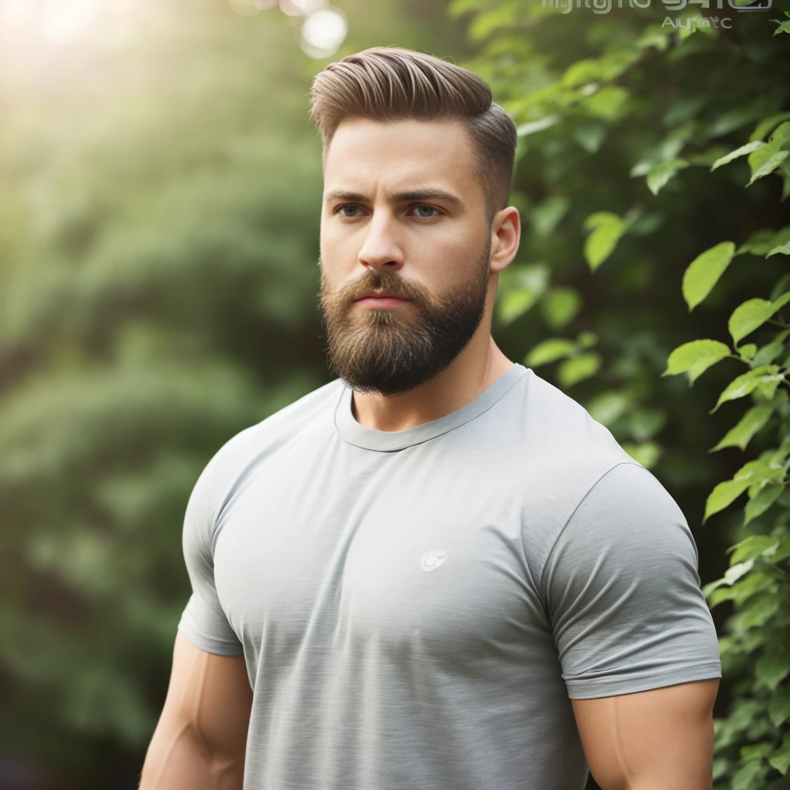 1man, A lateral medium shot of a charismatic male fitness model, 30 years old，small beard, upset expression，gloomy eyes，Blue eyes, captured in a garden, wearing a t-shirt, grey pants, soft natural lighting, cinematic and moody, (best quality,4k,8k,highres,masterpiece:1.2),ultra-detailed,(realistic,photorealistic,photo-realistic:1.37),HDR,studio lighting,professional,vivid colors,dramatic lighting