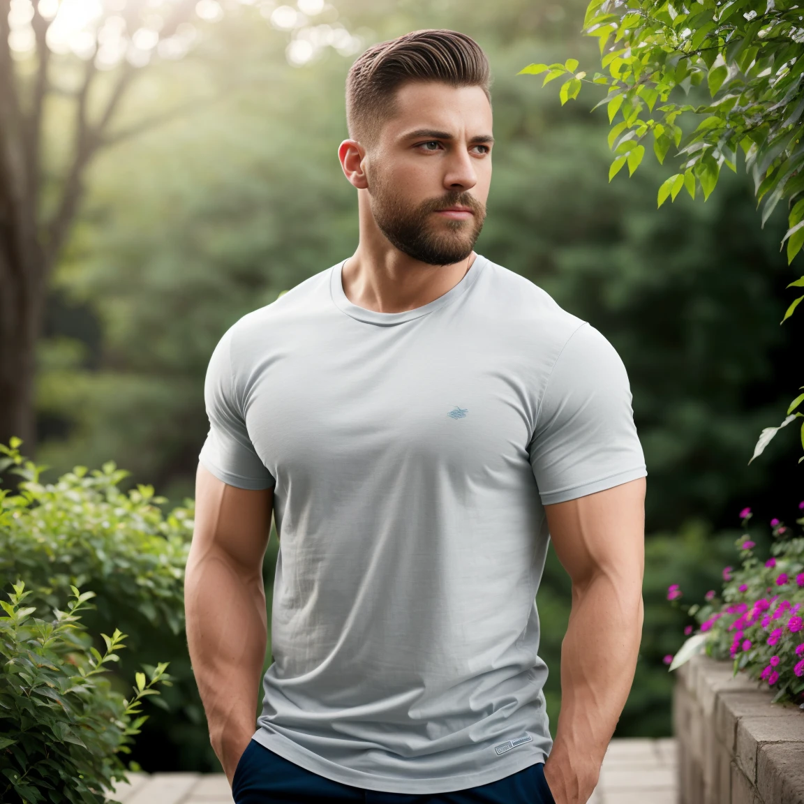 1man, A lateral medium shot of a charismatic male fitness model, 30 years old，small beard, upset expression，gloomy eyes，Blue eyes, captured in a garden, wearing a t-shirt, grey pants, soft natural lighting, cinematic and moody, (best quality,4k,8k,highres,masterpiece:1.2),ultra-detailed,(realistic,photorealistic,photo-realistic:1.37),HDR,studio lighting,professional,vivid colors,dramatic lighting