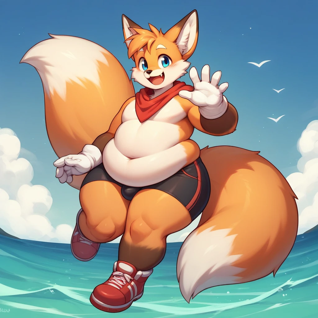 obese tails_boom, solo, obese body, happy, fox fangs, smile, blue eyes, gloves, 1boy, animal ears, male focus, white gloves, fox ears, two tails, red shoes, big checks, thick thighs, cute, furry,furry femboy, animal nose, fox boy,  ocean, night,