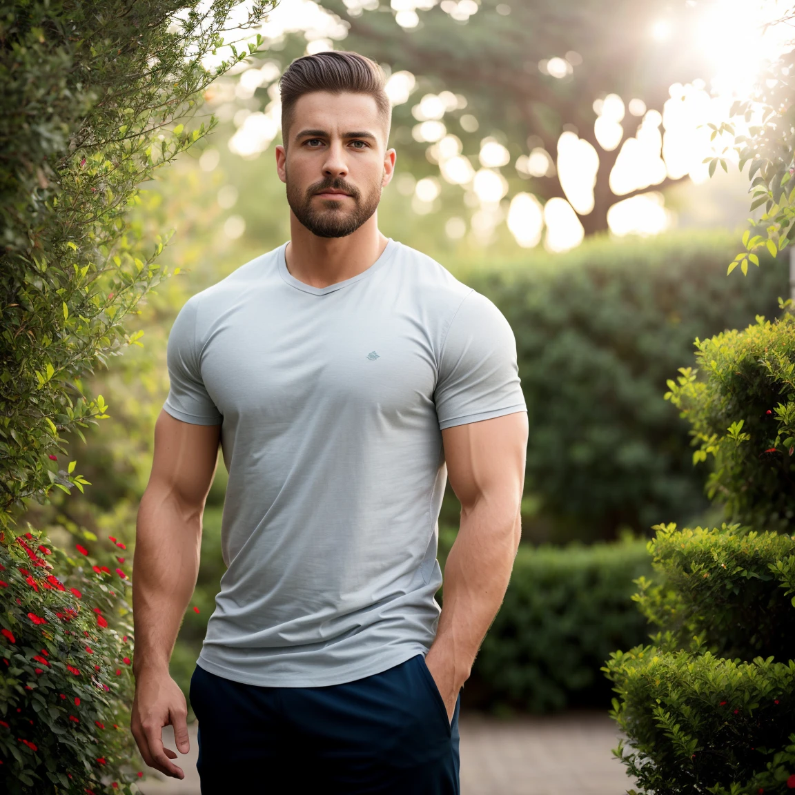 1man, A lateral medium shot of a charismatic male fitness model, 30 years old，small beard, upset expression，gloomy eyes，Blue eyes, captured in a garden, wearing a t-shirt, grey pants, soft natural lighting, cinematic and moody, (best quality,4k,8k,highres,masterpiece:1.2),ultra-detailed,(realistic,photorealistic,photo-realistic:1.37),HDR,studio lighting,professional,vivid colors,dramatic lighting