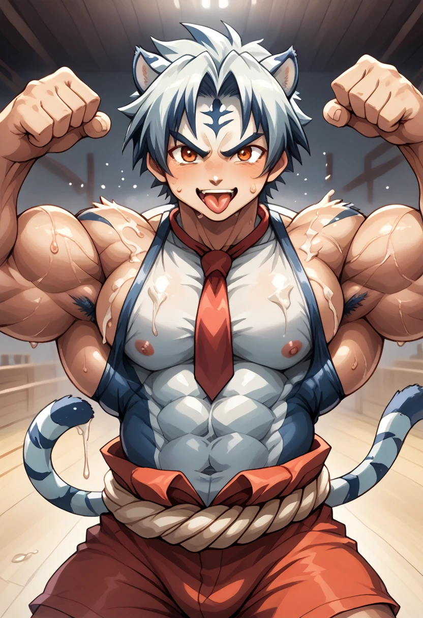 Furry,kemono,human,human,Kogenta /(Onmyou Taisenki/),male,Muscular,Tiger,(White fur,Blue Stripes,white Tiger print ),(Tiger tail),(Bell on the tail),
(Young people,Slim lump),
Standing,
smile,Sticking out tongue,
Tight Tank Top,
Put your hands up,Flex Pose,
(Red shorts),(((Open clothes,))),(Tie a shimenawa rope around your waist),
((((body fluid,Detailed Sweat, Drops of sweat)))),Judo Hall,
(Front View:1.2),Sports uniforms,(((Huge muscles,Huge erect penis)))