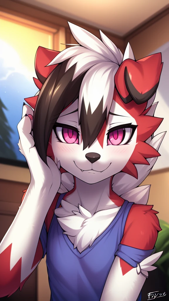 By zinfyu,by twistedscarlet60, uploaded on pixiv, by fluff-kevlar, (masterpiece), (best quality), (solo female:1.2), (extremely detailed:1.3),(detailed eye,black circle on eye,pink eye), lycanroc midnight, Front view, view on viewer, close view, shy face, half body on potrait, only body and head, close view, wearing casual T-shirt, feminime flatchested, flatchested, close up photo of lycanroc, focus on face, in home living room, paw pose, cute