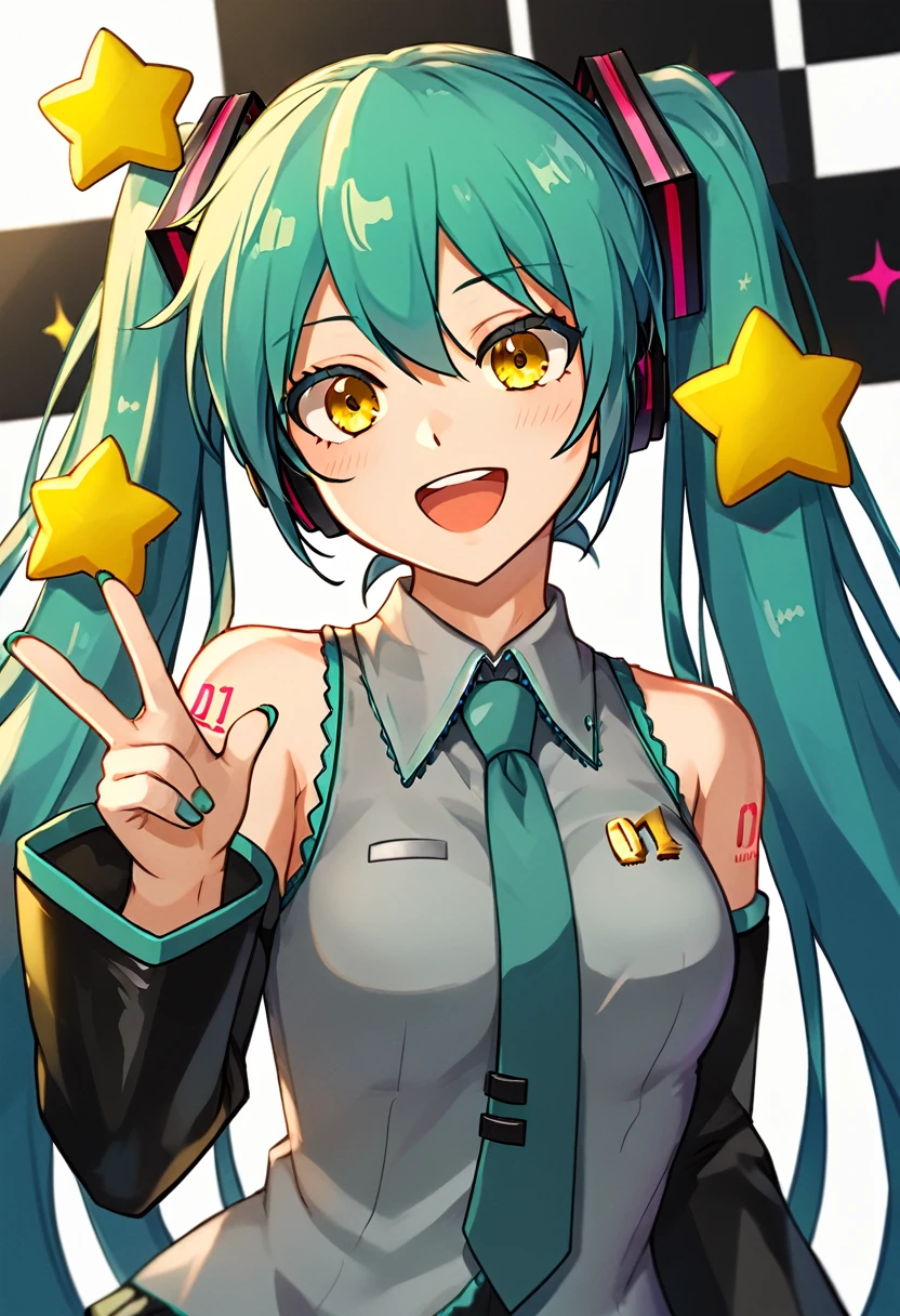 Girl with long dark turquoise hair, yellow eyes, yellow star pin in her head with Hatsune Miku 