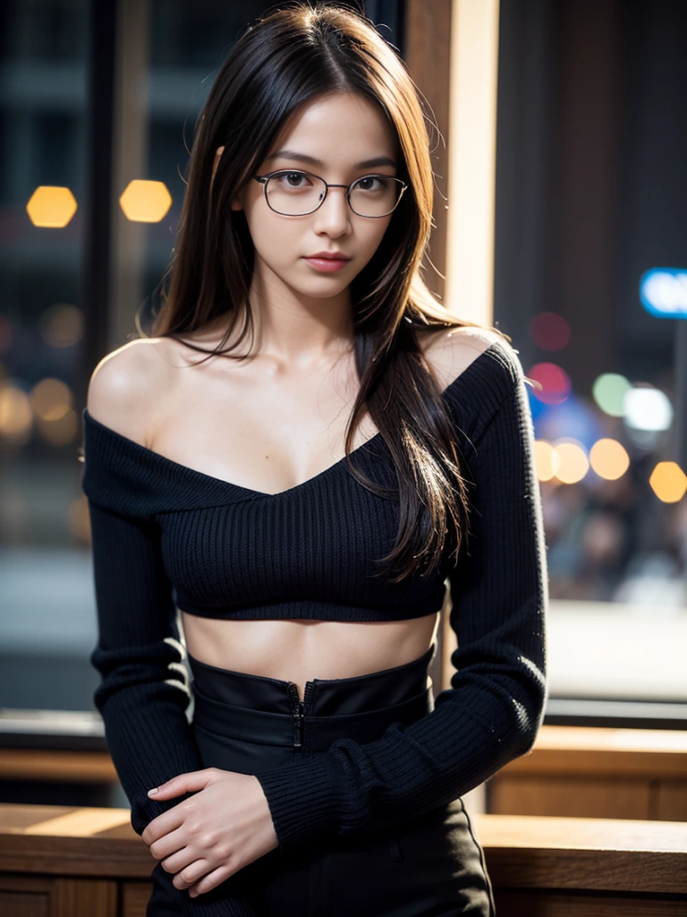 a girl standing outside, wearing glasses, in a black jacket, ((long hair)), a picture inspired by Zou Zhe, tumblr, realism, xintong chen, around 1 9 , qichao wang, huifeng huang, zhelong xu, xiaofan zhang, pengzhen zhang, zmonzheng, yihao ren, zezhou chen, no shirt, no bra, shirtless, bare breasts, nude breasts,