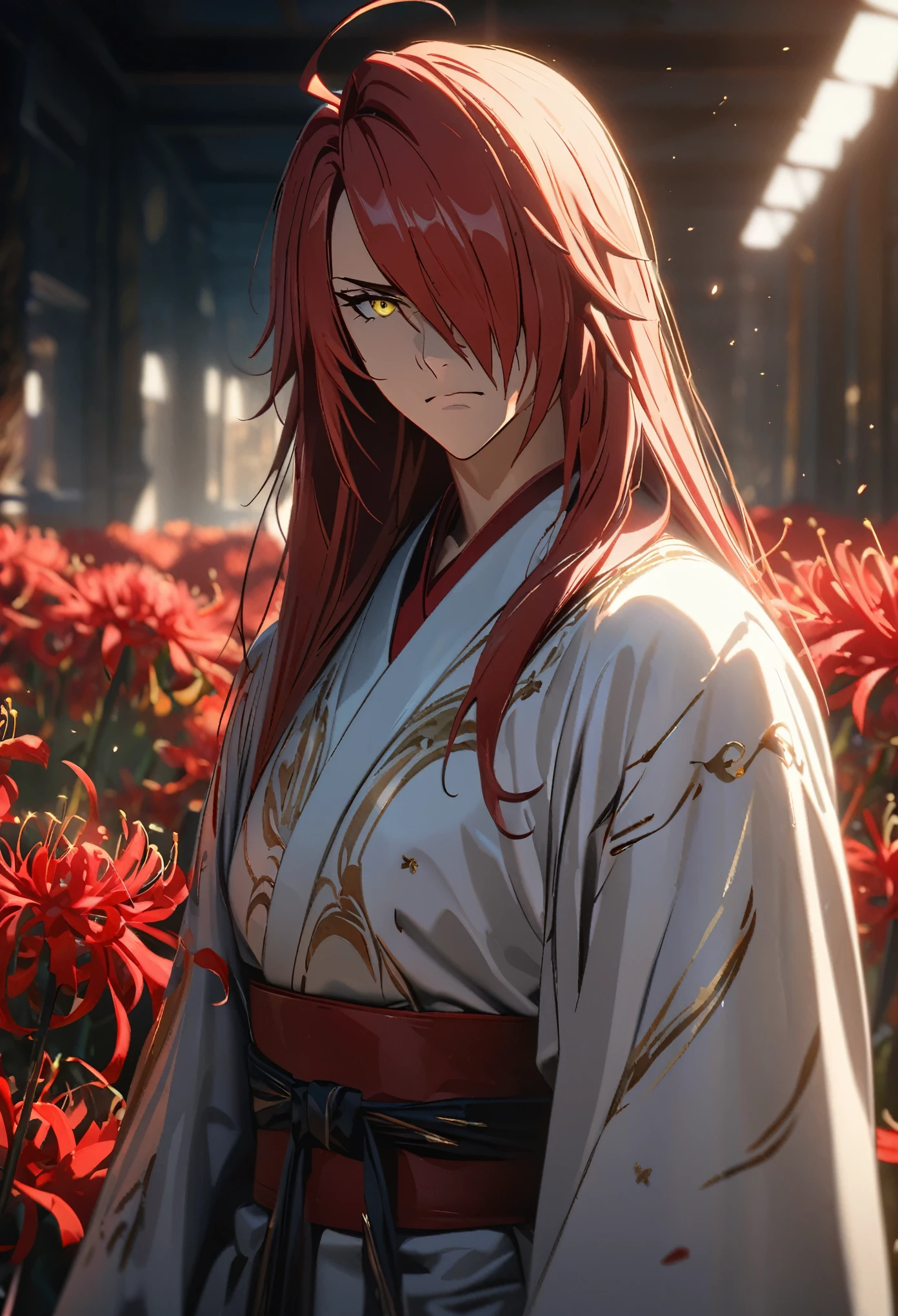 ((solo)), (man), tired face, yellow eyes, yellow eyeliner, red hair, long hair, straight hair, messy hair, (mature), (adult), a close up of a person with a great sword, in a field of red spider lilies, detailed key anime art, casimir art, masamune shiro, masamune, handsome guy in demon slayer art, heise jinyao, shadowverse style, (no logos), stylistic kimono clothing, expressive hair, hair over one eye, shiny hair, ahoge, bangs, depth of field, cinematic lighting, ray tracing, depth of field, cinematic lighting, ray tracing, UHD, high details, best quality, highres, high quality, award winning, super detail, masterpiece, 8k, UHD, high details, best quality, highres, high quality, award winning, super detail, masterpiece, 8k