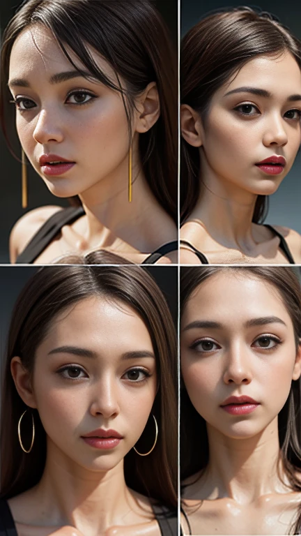(Highest quality,High resolution,Pixel perfect,8K), (1 Girl:1.2), Beautiful woman,((Wavy mid-length hair, bangs, Brown Hair)), ((Brown eyes, Beautiful eyelashes, Realistic eyes)), ((Detailed face, blush:1.2)), ((Smooth texture:0.75, Realistic texture:0.65, Realistic:1.1, Anime CG Style)), Medium Chest, Perfect body, (Earrings,necklace,A shy smile), ((nude:1.1), (Multiple Views,Two views)