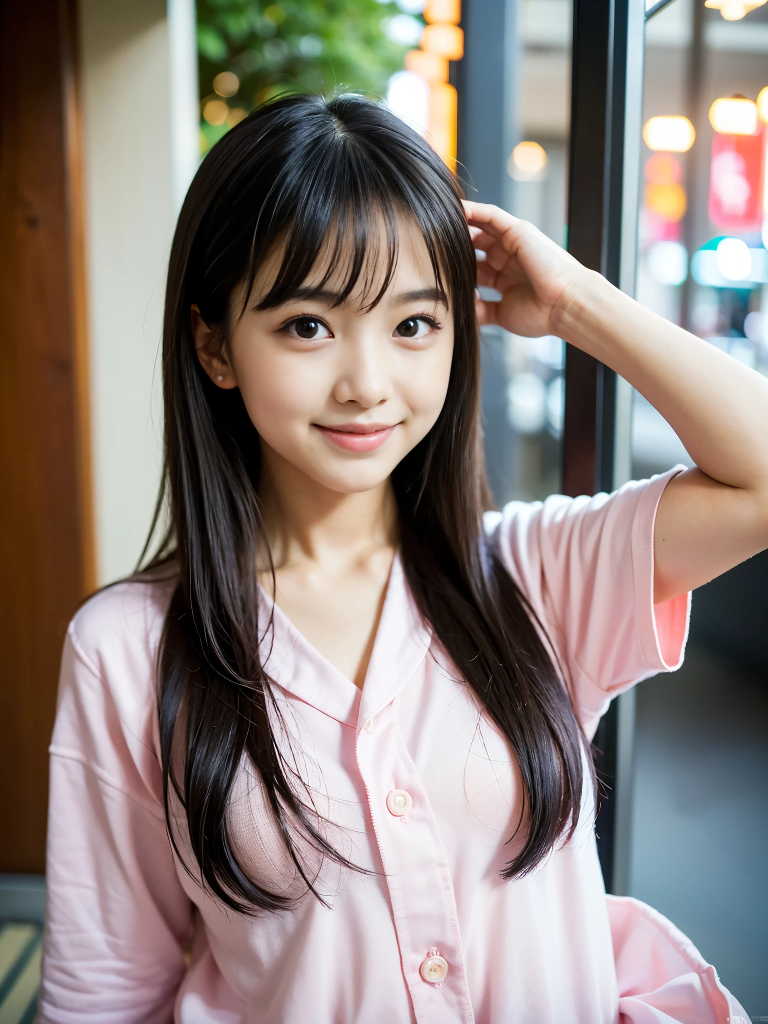Cute girl working at a cafe terrace　Japanese　１９age　
Professional Lighting　Digital SLR　Beautiful and elaborate face　Perfect and beautiful face　Big eyes Smile