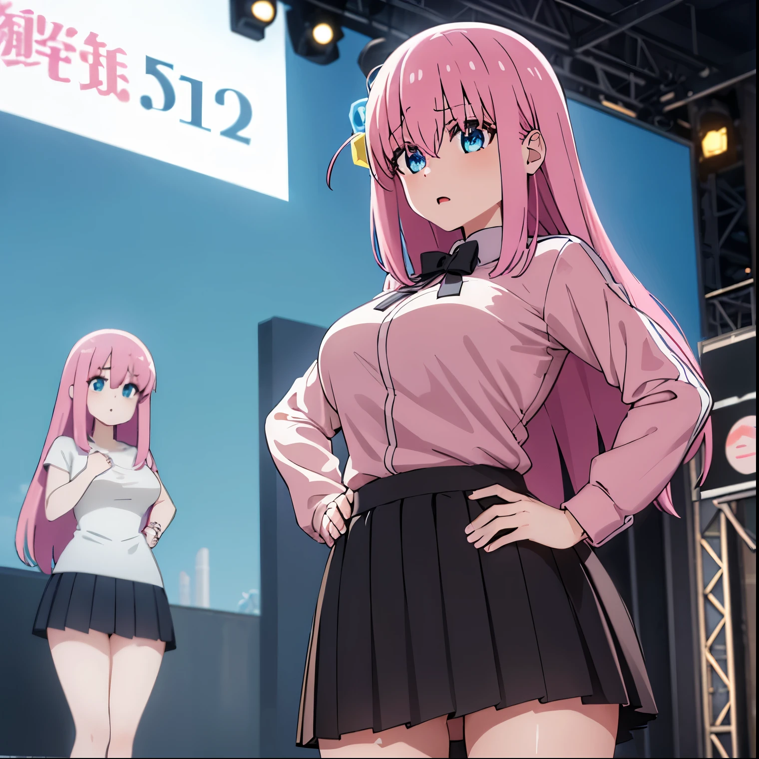 ((1girl)),((alone)), gotou hitori, \(bocchi the rock\),(masterpiece), (best quality), (ultra detailed), (best illustration), (best shadow), (absurdities ), sharp focus, cowboy shot, atmospheric perspective, depth of field, dynamic posture, ((looking at viewer)), large breasts, narrow waist, wide hips, medium thighs, round butt, erotic, romantic, (highly detailed eyes, lips 1.1), highly detailed eyes, eyes, Highly detailed face, Very beautiful face, Symmetrical face, Aesthetic face, perfect face, perfect eyes, detailed eyelashes: 1.5), full height, beautiful slim figure, femininity, expressive appearance, elastic big breasts, sexuality, half-open lips, alone, blue eyes: 1.2, pink hair, long hair, gray skirt: 1.3, skirt short, pink jacket: 1.3, sports jacket: 1.2, bangs, hair between the eyes, long sleeves, hair decoration, ((cube decoration: 1.4)), black stockings, brown shoes, curves, defined body, perfect body and beautiful, perfect and beautiful, scared look, mouth closed, ((nervous expression)), blushing, (sexy pose: 1.2), standing :1.3,((solo)),((, outside,stage, concert,holding instrument, guitar, ,clear, sunny sky)), Looking forward ,((focus on hips:1.4)), point of view:(from below), perfect anatomy, perfect hands