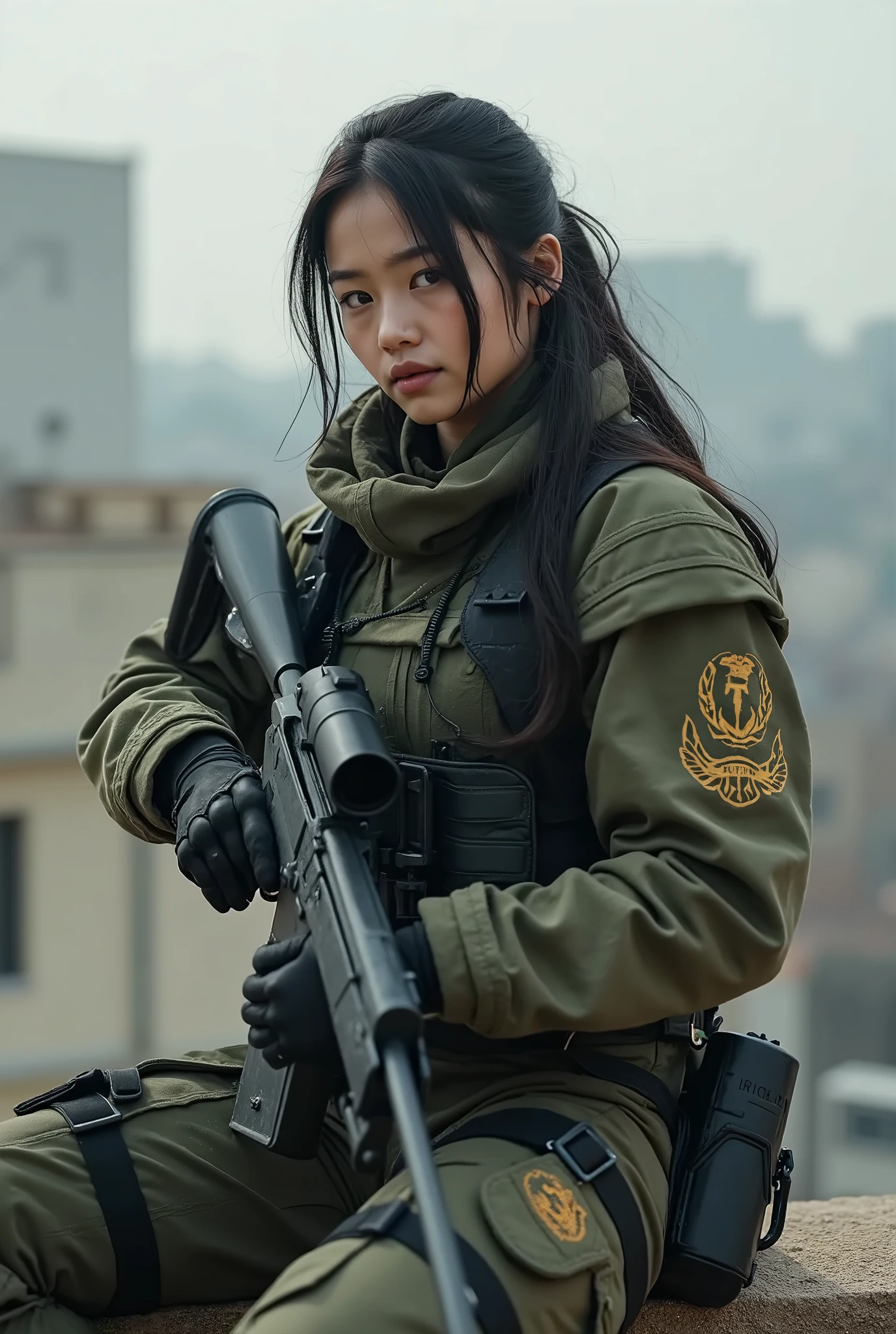 beautiful female soldier, Vietnamese face, short straight hair, khaki captain Soviet style military uniform, military backpack, harnesses and belts with ammunition, a mortar shell, Vietnamese city totally destroyed, ruins, red sky, a lot of smoke, 4k, Ultra detailed image , realistic, Highly detailed, perfect composition, splendid, Intricately detailed, incredibly detailed, 8k art photography, hyper detailed, Masterpiece, Ultra detailed, hyper realistic, 4k, Ultra detailed image, realistic, Highly detailed, perfect composition, splendid, Intricately detailed, incredibly detailed, 8k fine art photography, hyper detailed, Masterpiece