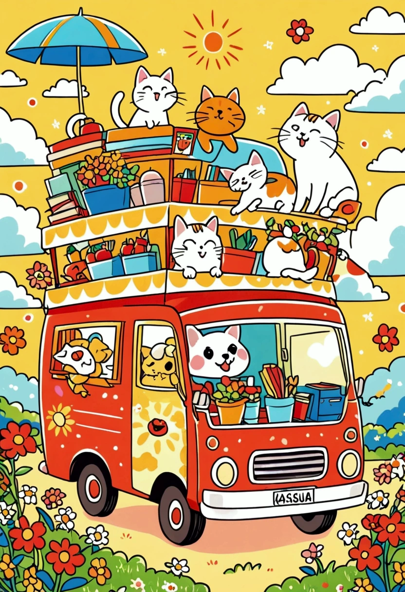 There is a cartoon truck，There is a dog and a cat on it, Colorfull illustration, Color illustrations, Editorial illustration colorful, Drawn in a whimsical style, Kasuga, very very Happy, Colorful book illustration, bright Happy atmosphere, Hand drawn cartoon art style, Happy, very Happy, Cute illustrations, Bright summer, Official Artwork, Sticker illustrations, On a sunny day