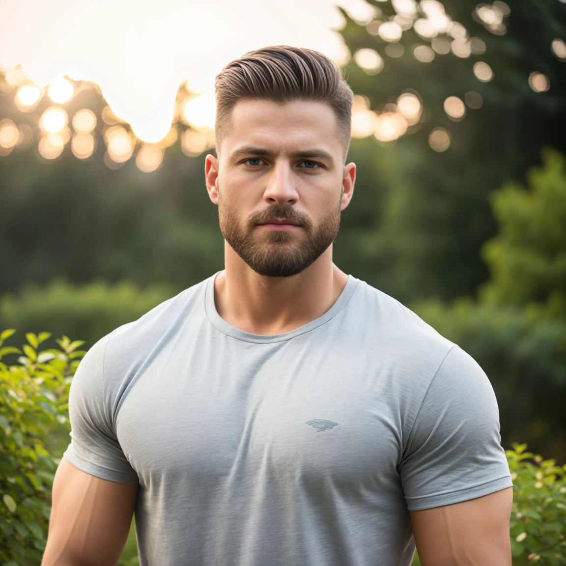 1man, A lateral medium shot of a charismatic male fitness model, 30 years old，small beard, upset expression，gloomy eyes，Blue eyes, captured in a garden, wearing a t-shirt, grey pants, golden hour lighting, cinematic and moody, (best quality,4k,8k,highres,masterpiece:1.2),ultra-detailed,(realistic,photorealistic,photo-realistic:1.37),HDR,studio lighting,professional,vivid colors,dramatic lighting