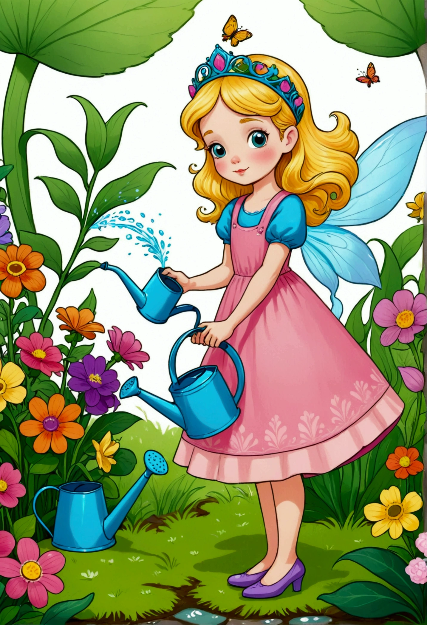 Cartoon girl watering flowers with a watering can, Colorfull illustration, Color illustrations, Colorful book illustration, Full color illustrations, coronation of Flower Prince, Coloring Pages, Drawn in a whimsical style, Color illustrations, Coloring Pages, Flower Prince, Coloring book pages, Official illustrations, Full Color Illustration, illustration, Full-color digital illustrations, Cute fairy tale illustration