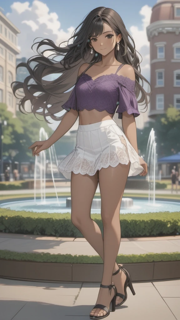 (((Adult woman)): ( white lace miniskirt, purple lace cropped top, black eyes, brown skin, dark skin, showing the whole body, ((black hair, long wavy hair)), ((High heel sandals ). Closed mouth )); full body shot, cute smile ((dancing in front of fountain park)), city background. High quality. 4k, 8k, many details. Masterpiece, accurate, anatomically correct, posing, detailed background, better quality, original work Focus on details, people's watching around, Front view, earrings,  wind blowing, red lace mini panties, opening legs, facial freckles 