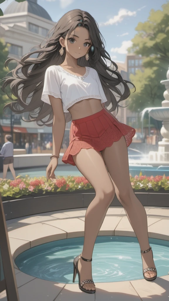 (((Adult woman)): ( white lace miniskirt, purple lace cropped top, black eyes, brown skin, dark skin, showing the whole body, ((black hair, long wavy hair)), ((High heel sandals ). Closed mouth )); full body shot, cute smile ((dancing in front of fountain park)), city background. High quality. 4k, 8k, many details. Masterpiece, accurate, anatomically correct, posing, detailed background, better quality, original work Focus on details, people's watching around, Front view, earrings,  wind blowing, red lace mini panties, opening legs, facial freckles 