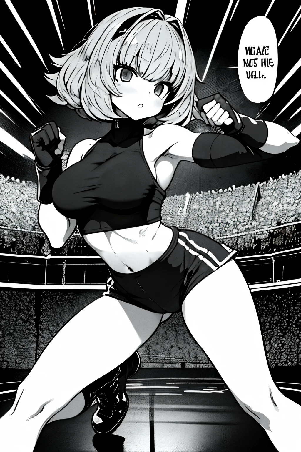 Lineart grayscale Amelia watson gorgeous tetona y nalgona hot sexy female WRESTLER, she has long bob cut curly blonde hair, her eyes are big and expressive, she has full pouty lips, gorgeous knockout body, Sexy tapered hips and sexy strong squishy thighs, long legs, she has cute heart stickers on her face, she wears leather fingerless gloves, her gear consists of a tight crop top that is short and reveals her sexy underboobs under cleavage under boobs, and latex gym shorts, she wears black combat boots, she is standing in the middle of a wrestling ring ready to take on anyone, her tits are perky full bouncy and healthy natural saggy tits, her tits are overflowing and abundantly muffin top, she has a luscious and delicious looking sweet sexy tear drop shaped ass,