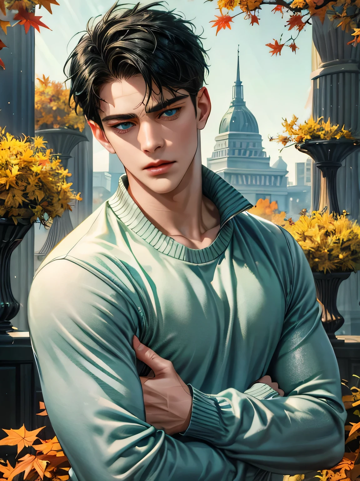 handsome young man, black hair short hair, blue eyes, ombros largos, masterpiece, Absurd, Beautiful and detailed face, with arms crossed, looking at the viewer, expression of concern, in an autumn environment, with a dark green adidas long sleeve sweater.