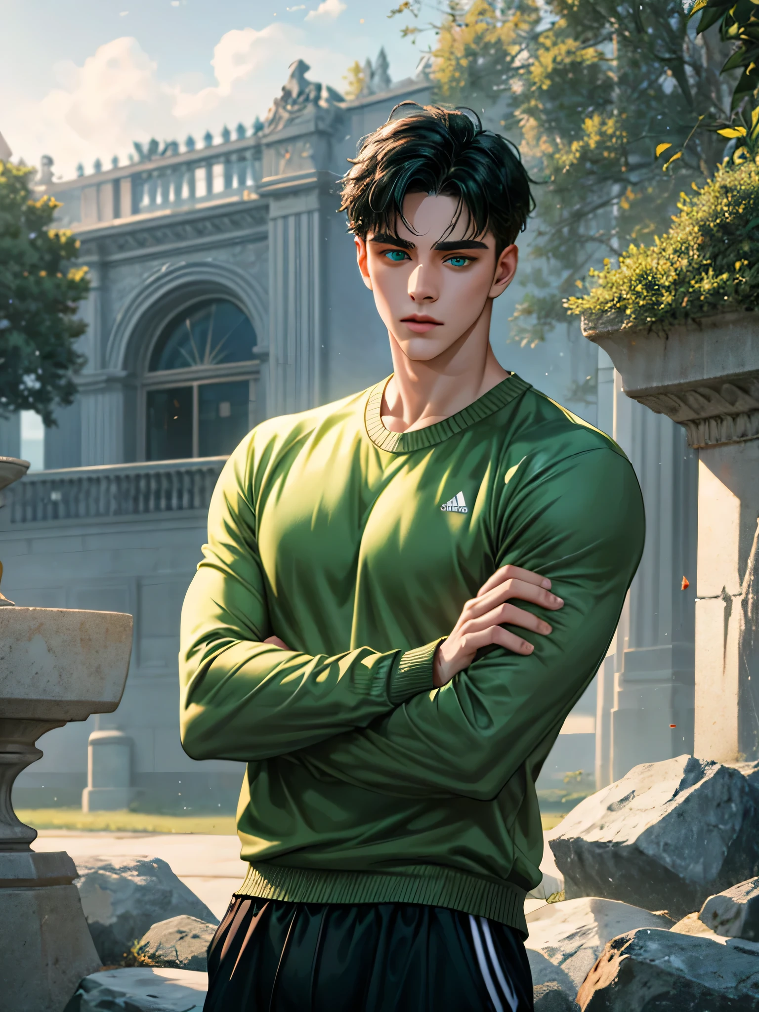 handsome young man, in an autumn environment, black hair short hair, blue eyes, ombros largos, masterpiece, Absurd, Beautiful and detailed face, with arms crossed, looking at the viewer, with an adidas sweater, dark green long sleeve, dark green wide pants, 