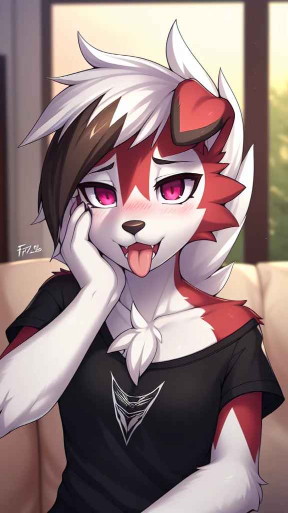 By zinfyu,by twistedscarlet60, uploaded on pixiv, by fluff-kevlar, (masterpiece), (best quality), (solo female:1.2), (extremely detailed:1.3),(detailed eye,black circle on eye,pink eye), lycanroc midnight, Front view, view on viewer, close view, shy face, half body on potrait, only body and head, close view, wearing casual T-shirt, feminime flatchested, flatchested, close up photo of lycanroc, focus on face, in home living room, paw pose, showing her paw, open mouth, tongue out, beautiful eyebrow, Touching her cheeks, shy, blush