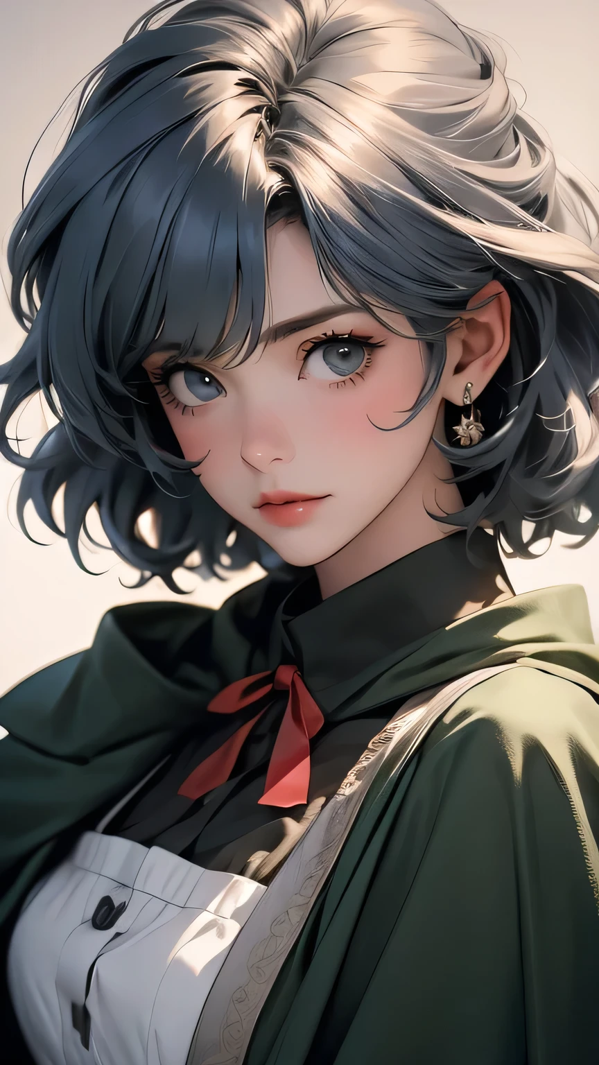 ((Masterpiece)), envision a 8k, highres, cinematic, extremely beautiful semi realistic close up portrait of a beautiful mature lady with a soft face, slender body, ((Short curly blue gray hair)),maid outfit , brown boots, green cloak, blush, smile, flustered, side locks, long bangs, round face, long sweeping bangs, blue eyes, soft lips, lip gloss, thick eyebrows, round face, ((((1girl)))), in dark lighting, against a dark gray background